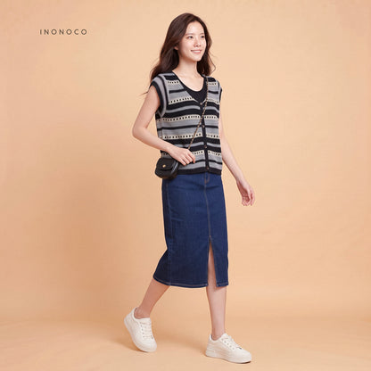 V領縷空條紋假兩件針織上衣